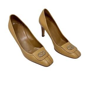 Gucci GG Logo Pumps Beige Leather Heels Square Toe Classic Size 9.5
